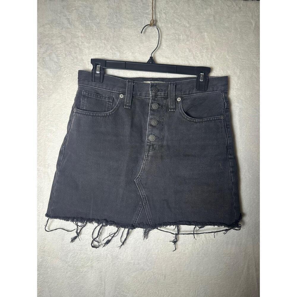 Madewell Black Rigid Denim A-Line Skirt Frayed Hem Size 26‎